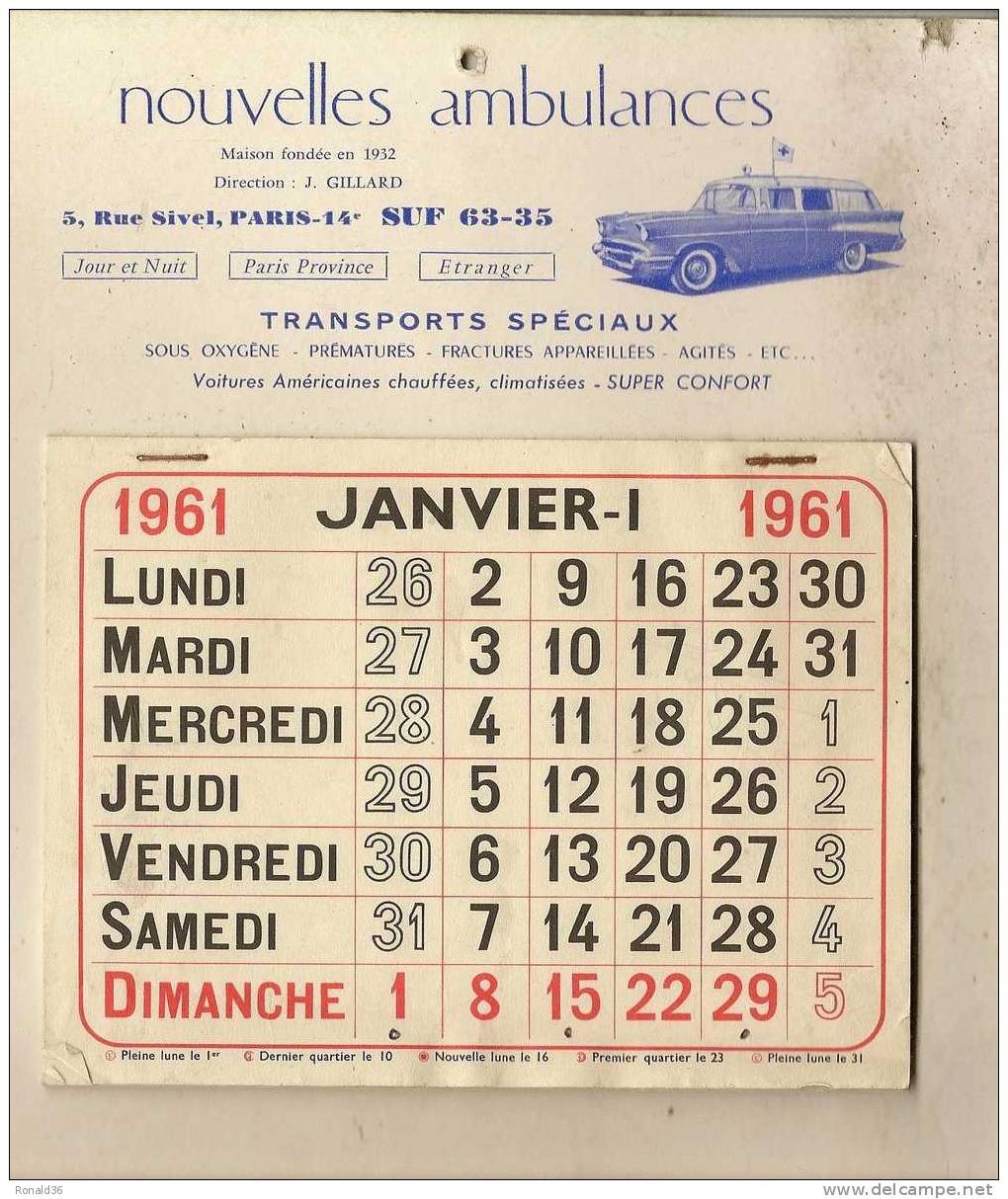 Calendrier NOUVELLES AMBULANCES Fon 1932 , J GILLARD Directeur 5 Rue Sivel PARIS 75 ( Voitures Américaines ) Croix Rouge - Grand Format : 1961-70
