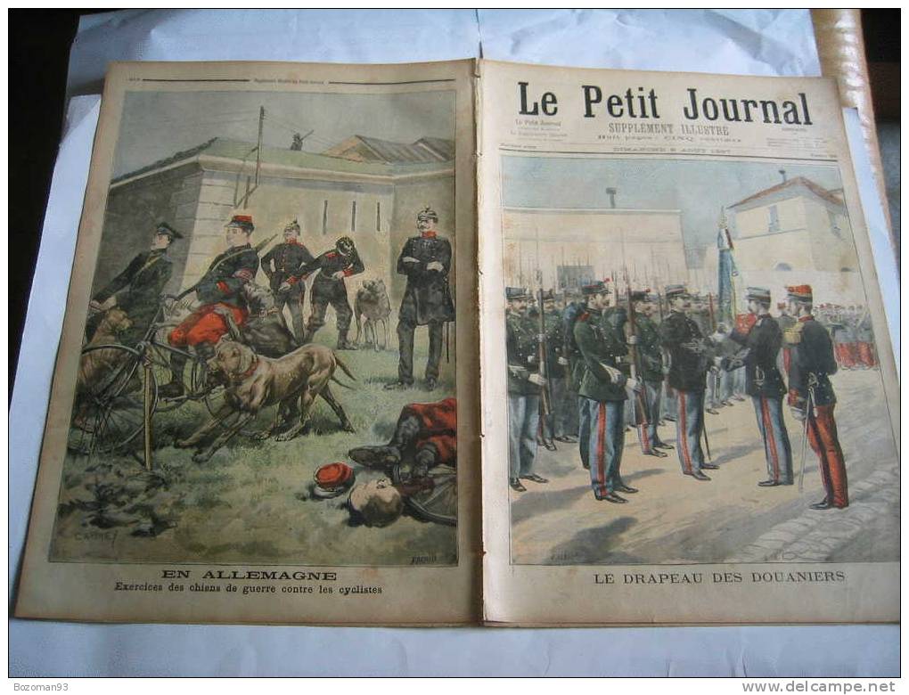 LE PETIT JOURNAL N° 0351 08/08/1897 EXERCICES DE CHIENS DE GUERRE + +LE DRAPEAU DES DOUANIERS + CHIENS DE CHASSE - Le Petit Journal