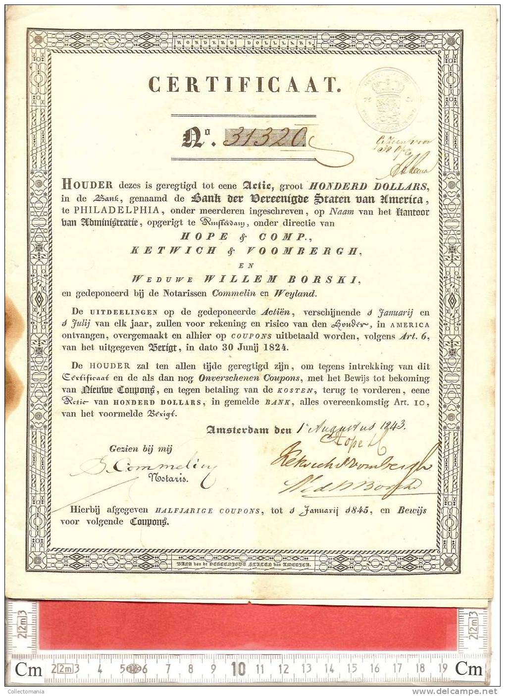 1824 Hope Ketwich Borski Notaris Commelin Certificaat Amsterdam BANK Der Vereenigde Staten Van America Te Philadelphia - Bank En Verzekering