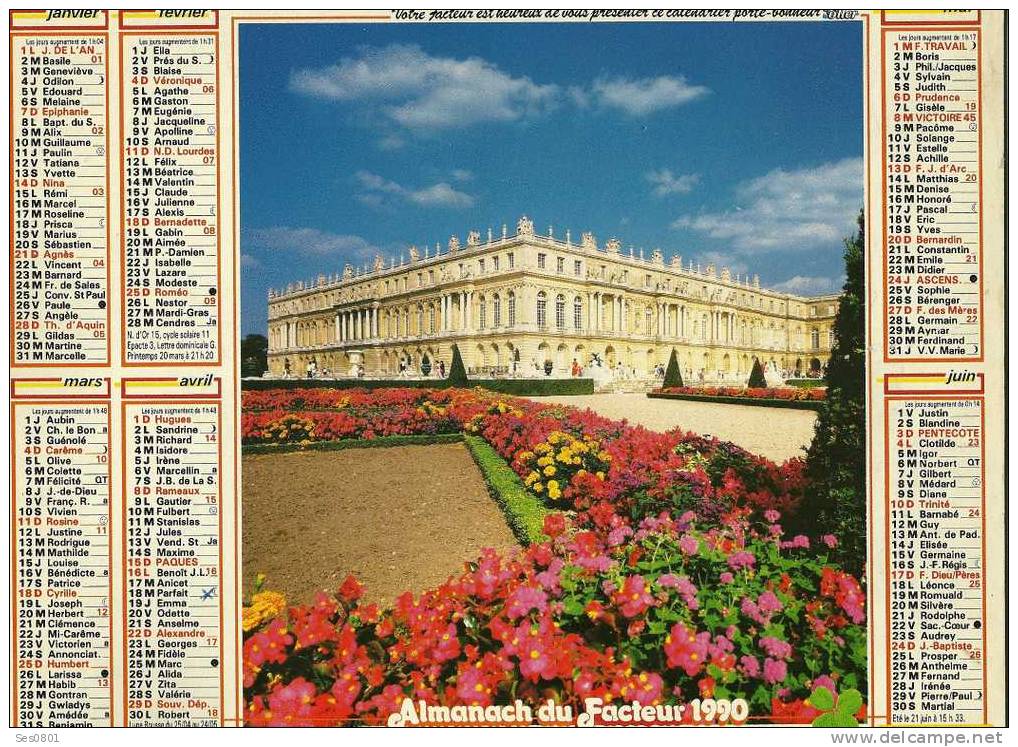 CALENDRIER ALMANACH DES PTT De  1990 Versailles 78 Et Chateau De La Batisse  63 - Formato Grande : 1981-90