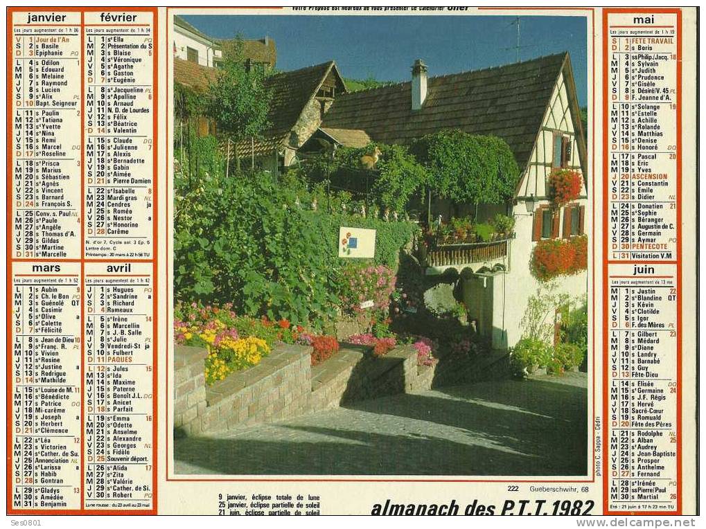 CALENDRIER ALMANACH DES PTT De  1982 Petit Village - Grand Format : 1981-90