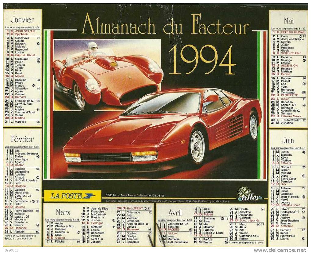 CALENDRIER ALMANACH DES PTT De 1994 Ferrari Testa Rossa Mercedes Benz 1955 19 87 - Grand Format : 1991-00