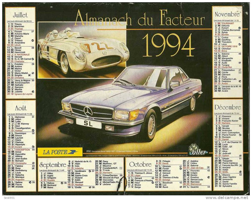 CALENDRIER ALMANACH DES PTT De 1994 Ferrari Testa Rossa Mercedes Benz 1955 19 87 - Big : 1991-00