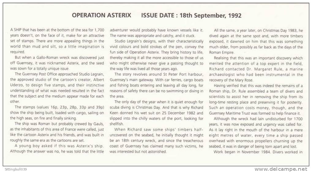 OPERATION ASTERIX. ENVELOPPE 1er JOUR ÎLE DE GUERNESEY AVEC TIMBRES ET TAMPONS. 18 SEPT. 1992. En Anglais. - Werbeobjekte