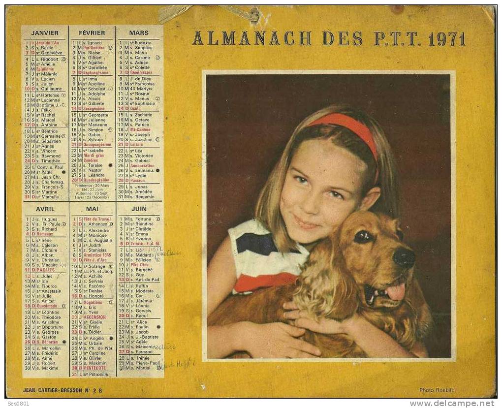 CALENDRIER ALMANACH DES PTT De  1971 Fetite Fille Et Petit Garcons - Formato Grande : 1971-80