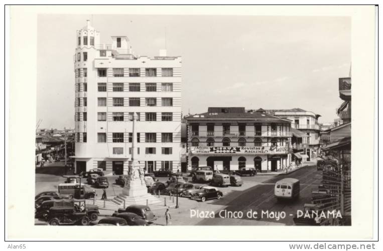 Panama City Panama, Plaza Cinco De Mayo On C1940s Vintage Real Photo Postcard, Auto Bus Book Store - Panama