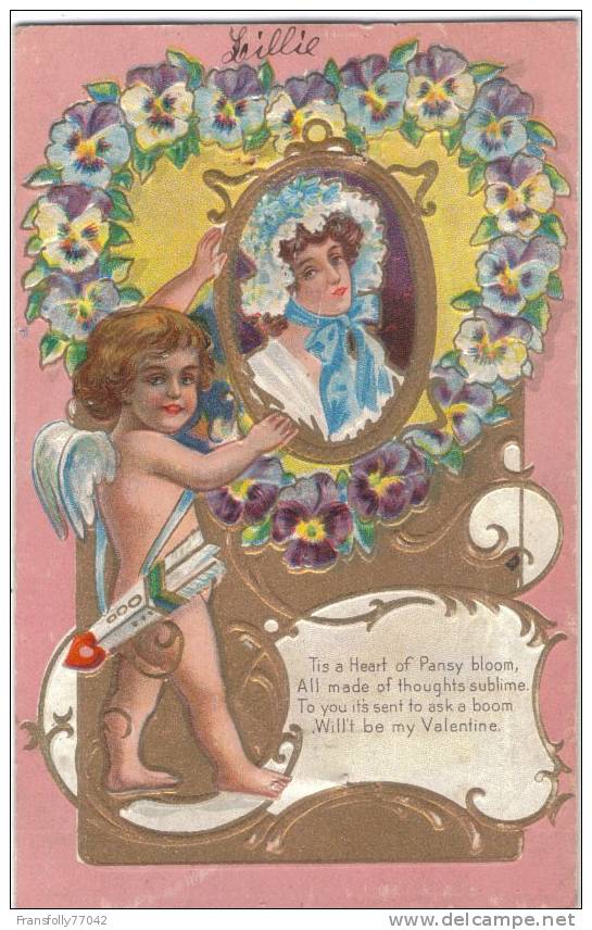 VALENTINE GREETING - CUPIDS - PANSIES  - LOVELY LADY - EMBOSSED - CIRCA - 1910 - Valentine's Day