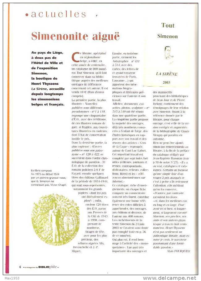 (simenon) Le Magazine Du Bibliophile N°30 - Septembre 2003 - Catalogue Et Résultats - Simenon