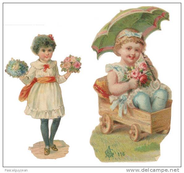 2 DECOUPI ANCIEN FILLETTES AVEC FLEURS, OMBRELLE - Enfants