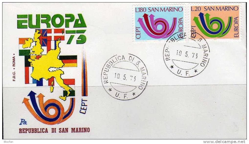 Europa-Ausgabe 1973 San Marino 1029/0 Plus FDC O 3€ CEPT Gemeinschaft-Ausgabe Posthörner Cover Of EUROPE - Briefe U. Dokumente