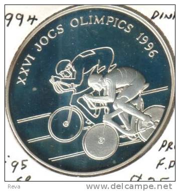 ANDORRA 10 DINERS  CYCLIST SPORT OLYMPICS 1996 FRONT EMBLEM BACK  1994 SILVER PROOF KM95 READ DESCRIPTION CAREFULLY!! - Andorra