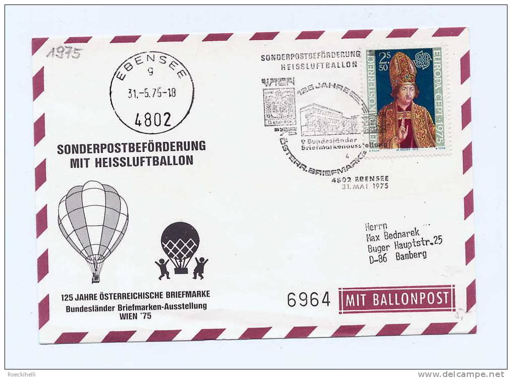 Sonderpostbeförd. Briefmarkenausstell. WIEN ´75  -  4802 Ebensee  - Siehe Scan  (Bapo Wien´75) - Par Ballon