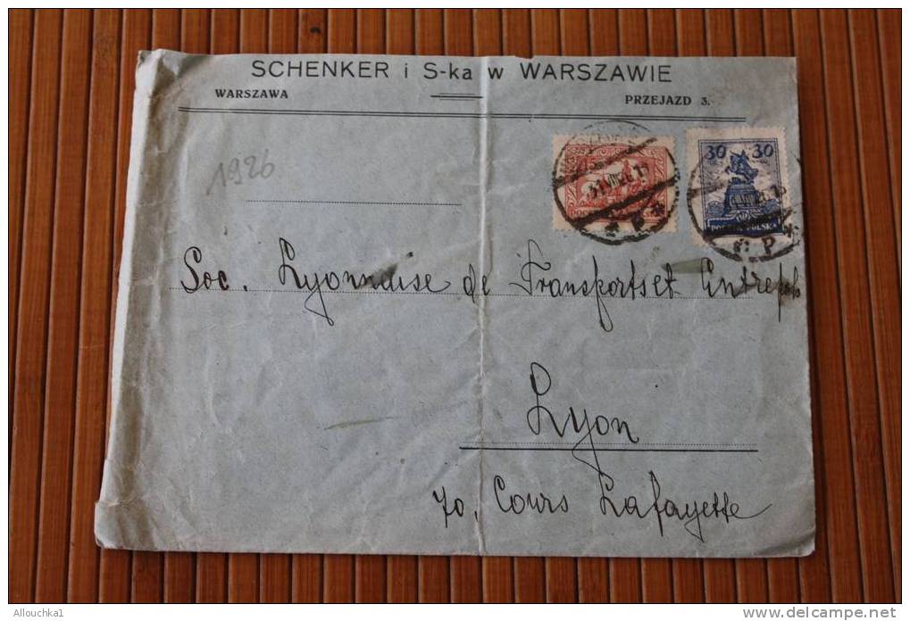 1926 LETTRE DE SCHENKER I S-KA  WARSZAWIE  PREJAZD POLOGNE MARCOPOLSKA POUR LYON MARCOPHILIE - Covers & Documents