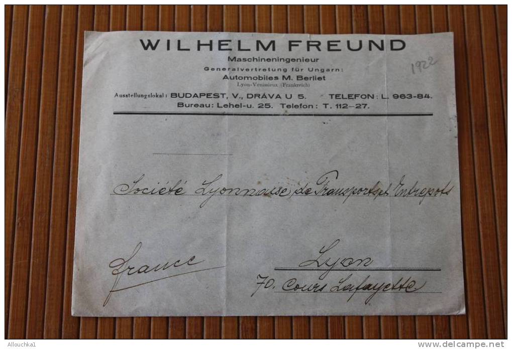 1922 LETTER LETTRE DE BUDAPEST HONGRIE UNGARN AUTOMOBILES BERLIET  POUR  LYON  MARCOPHILIE OMEC  MANUELS VERSO - Marcophilie