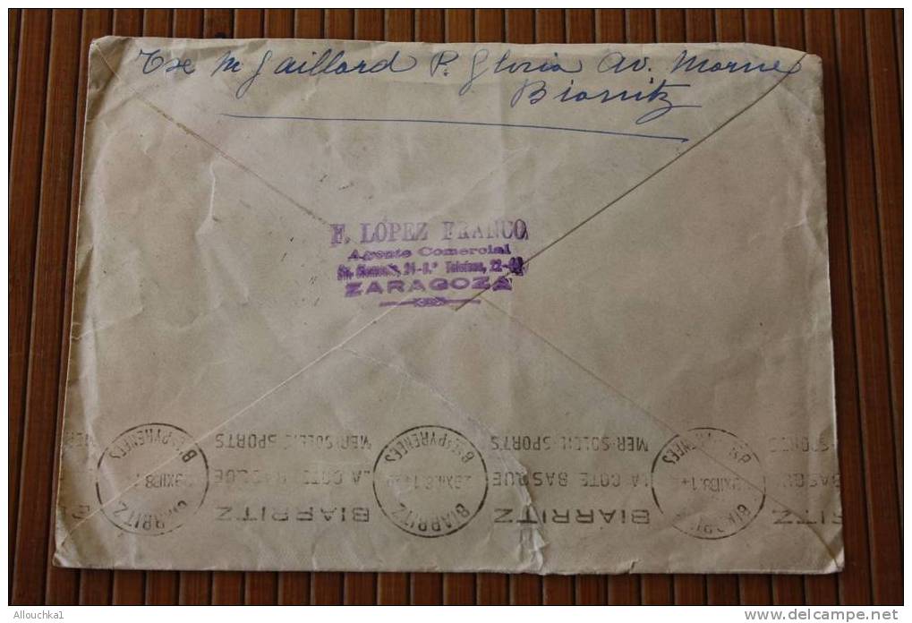 1938 LETTRE LETTER  DE ZARAGOZZA ESPANA CENSURA POSTAL DE ZARAGOZA P/VILEFRANCHE SUR SAONE FRA MARCOPHILIA OMEC FLIERS - Marcas De Censura Nacional