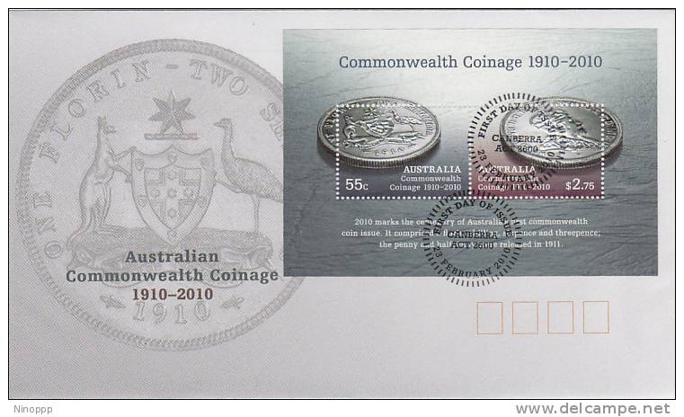Australia-2010 Centenary Of Coins Souvenir Sheet First Day Cover - Lettres & Documents