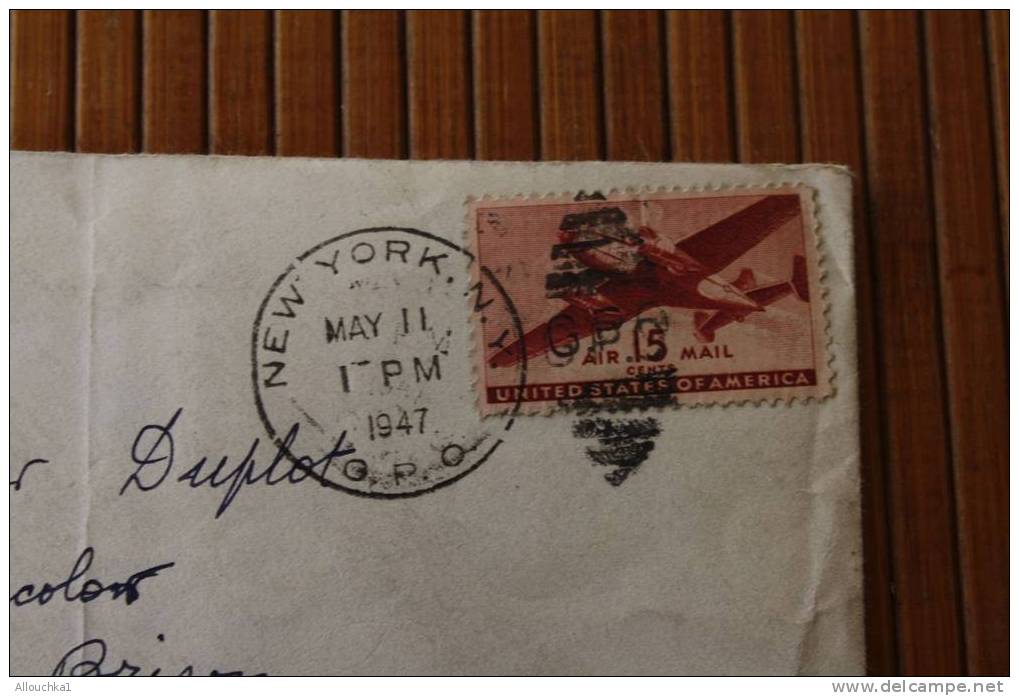 1947 LETTER AIR MAIL AVION:NEW YORK  ETATS UNIS AMERIQUE USA P/ROANNE 42  OMEC BALLON DE RUGBY N° GPO - Storia Postale