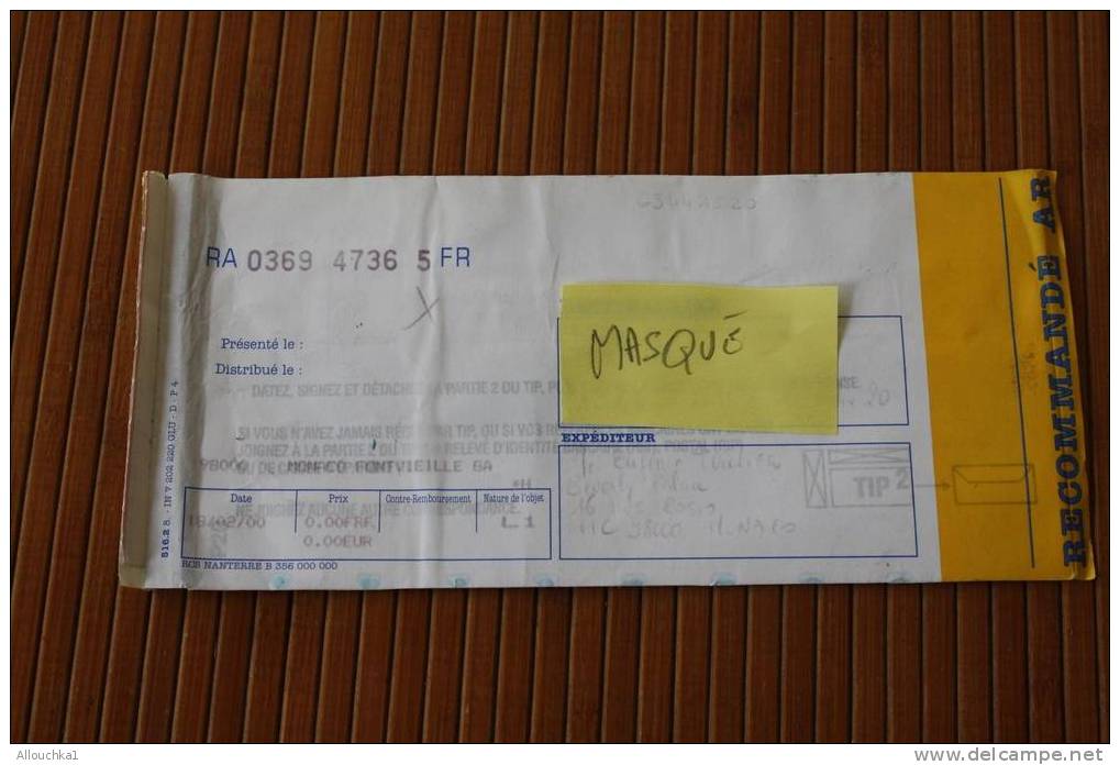 LETTRE RECOMMANDE:MONACO FONTVIEILLE P/ MARSEILLE COTE DES TIMBRES 8 EUROS 40 EN OBLITERES MARCOPHILIE OMEC MANUELS 2000 - Vide