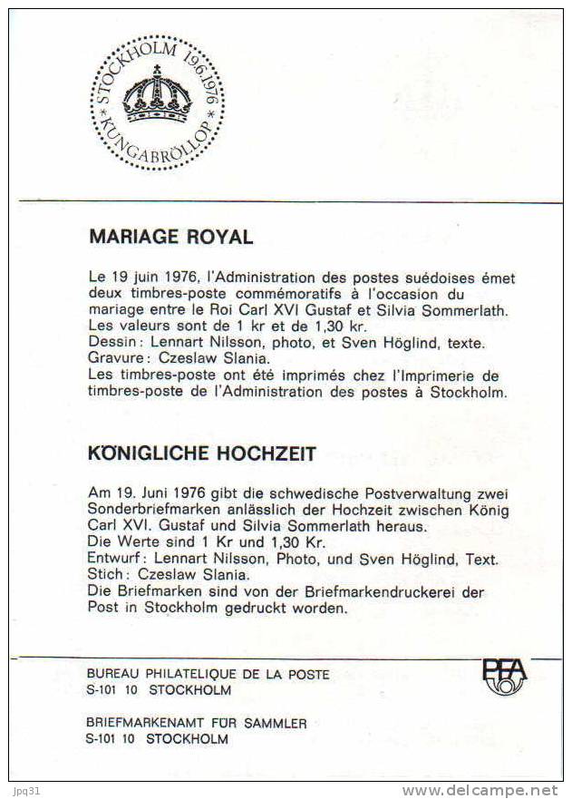 Enveloppe 1er Jour Suède No 925-26 - Stockhom 19/6/76 - Mariage Royal Roi Charles XVI Gustave & Silvia Sommerlath - FDC