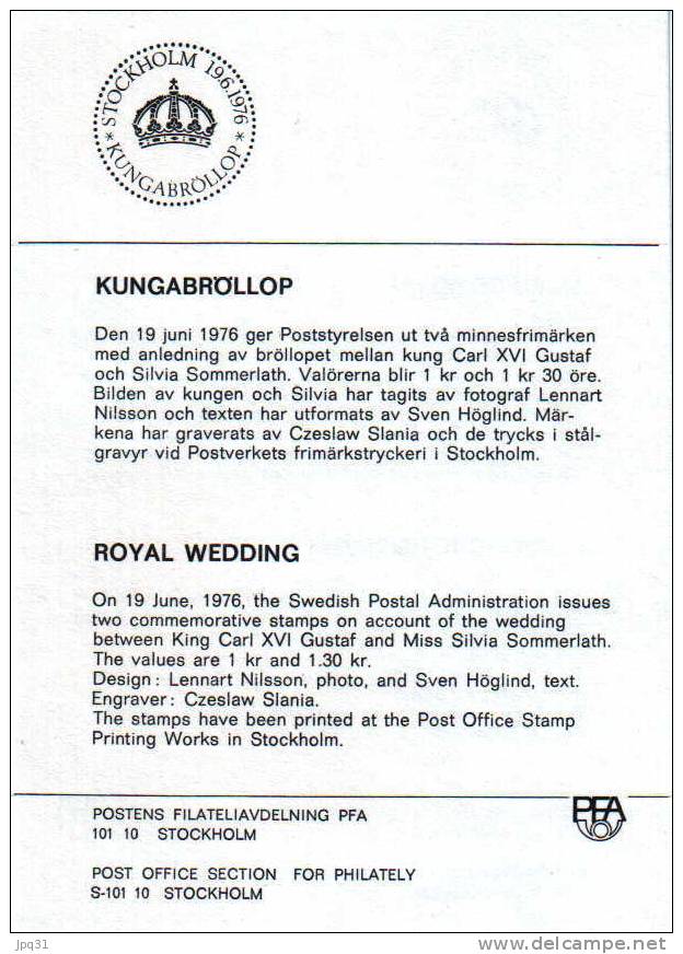 Enveloppe 1er Jour Suède No 925-26 - Stockhom 19/6/76 - Mariage Royal Roi Charles XVI Gustave & Silvia Sommerlath - FDC