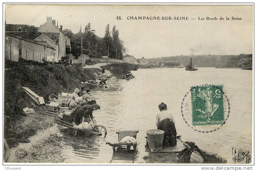 Carte Postale Ancienne Champagne Sur Seine - Les Bords De La Seine - Métiers, Laveuses, Lavandières - Champagne Sur Seine