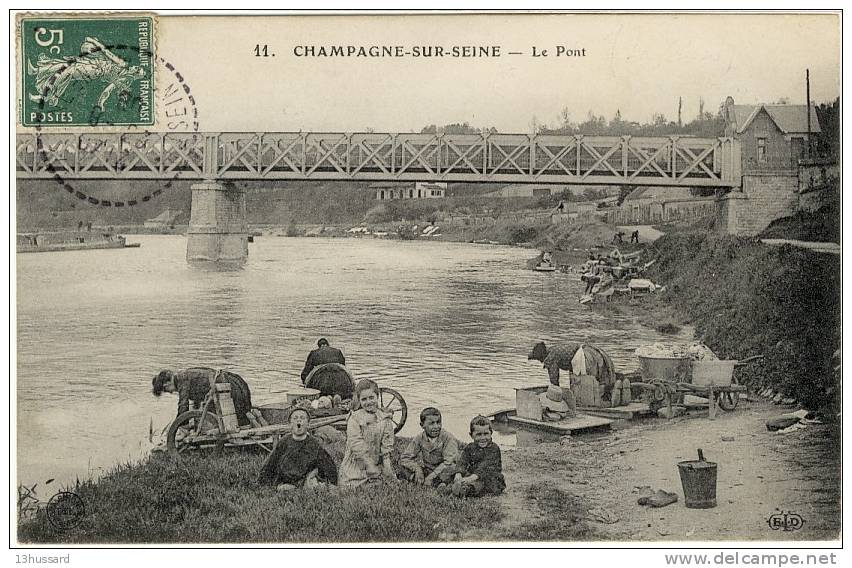 Carte Postale Ancienne Champagne Sur Seine - Le Pont - Métiers, Laveuses, Lavandières - Champagne Sur Seine