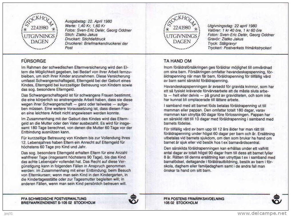 Enveloppe 1er Jour Suède No 1085-86 - Stockholm 22/4/80 - Prendre Soin Des Enfants Et Des Personnes âgées - FDC