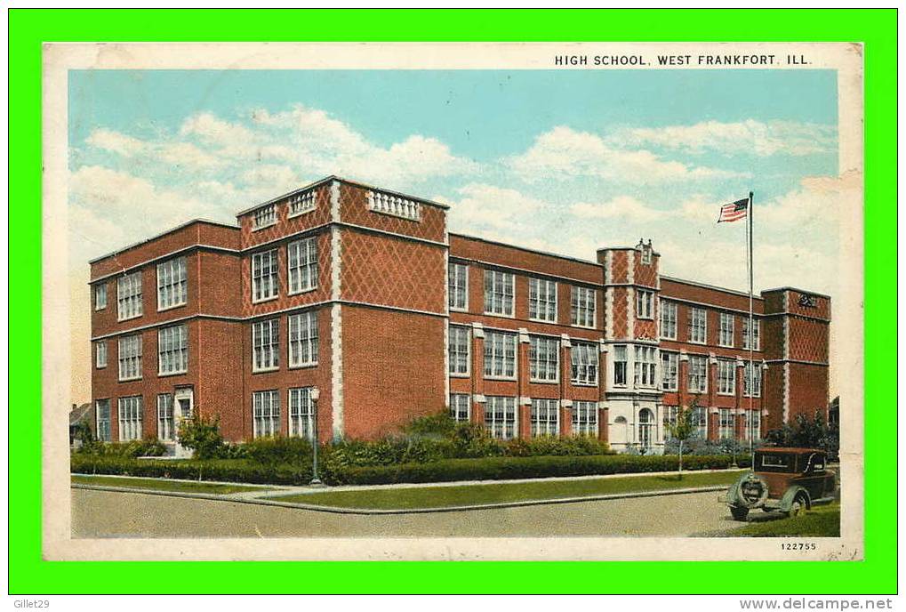 WEST FRANKFORT, IL - HIGH SCHOOL - ANIMATED OLD CAR - C.T. AMERICAN COLORED - TRAVEL IN 1935 - - Andere & Zonder Classificatie