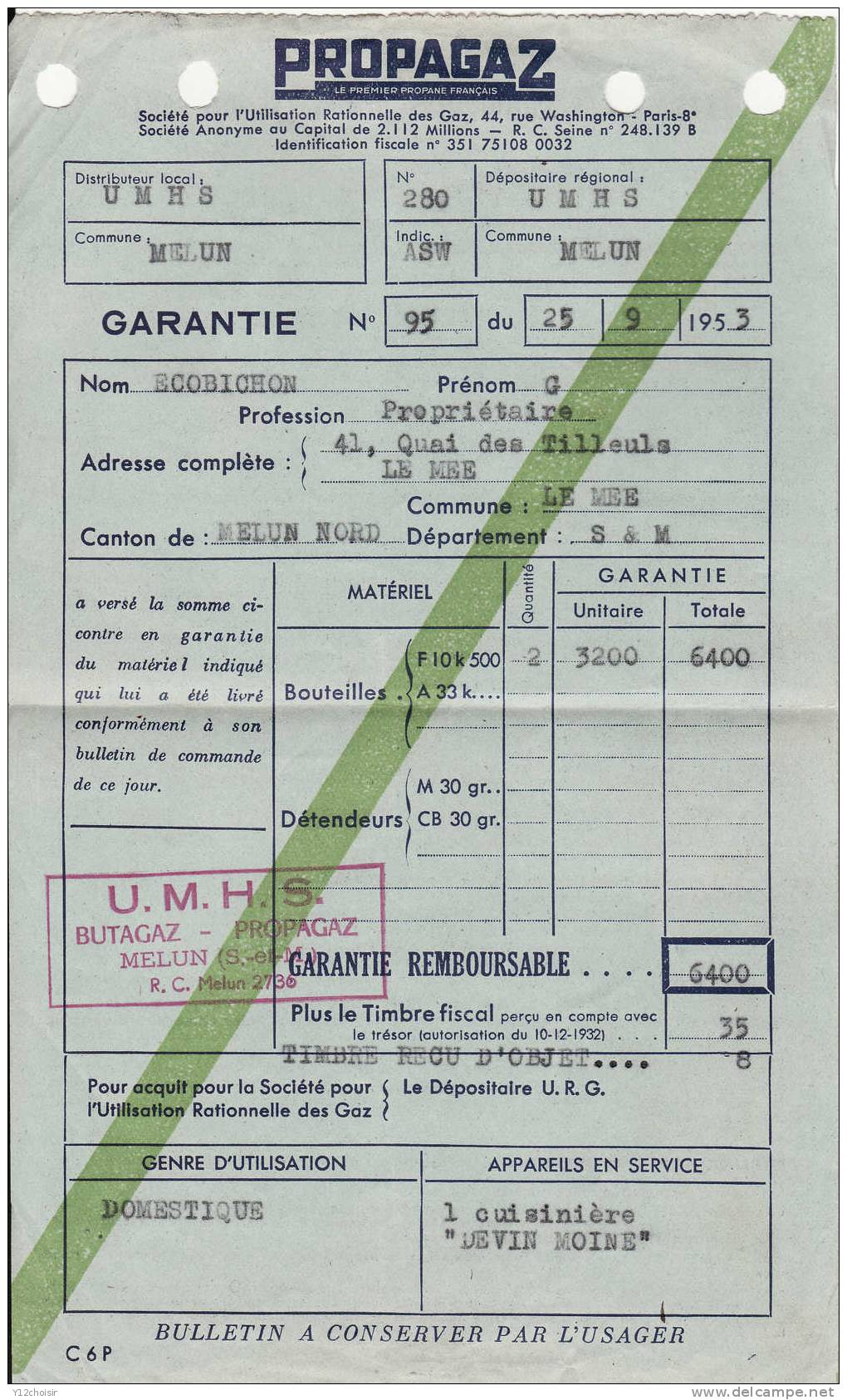 FACTURE 1953 PROPAGAZ GAZ PROPAGAZ BUTAGAZ CUISINIERE DEVIN MOINE UMHS MELUN SEINE ET MARNE - Elektriciteit En Gas