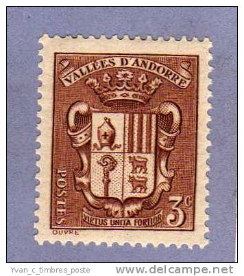 ANDORRE FRANCAIS TIMBRE N° 49 NEUF CHARNIERE ARMOIRIES DES VALLEES 3C BRUN - Neufs