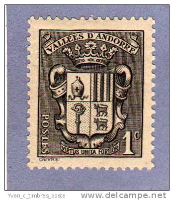 ANDORRE FRANCAIS TIMBRE N° 47 NEUF SANS CHARNIERE ARMOIRIES DES VALLEES 1C NOIR - Ungebraucht