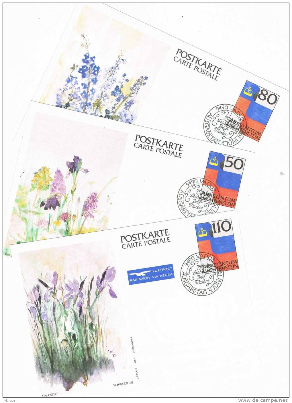 Lote 3 Entero Postales LIECHTENSTEIN  1987. Cuadros Tini Ospelt. Plantas - Enteros Postales