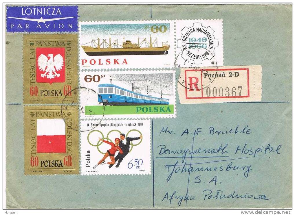 Carta Aerea Certificada POZNAM (Polonia) 1966 A Sudafrica - Covers & Documents