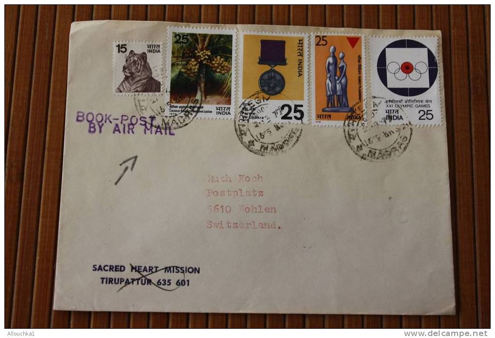 ENVELOPPE LETTRE LETTER:MADRAS INDIA INDE P/ OHLEN SUISSE:BOOK POST BY AIR MAIL  OMEC AFF MULTIPLE OLIMPIC GAMES TIGRE - 1936-47 Roi Georges VI