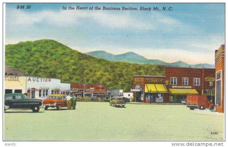 Black Mountain NC, Business Downtown C1950 Vintage Linen Postcard, Antique Auction Firestone Tire Signs - Autres & Non Classés