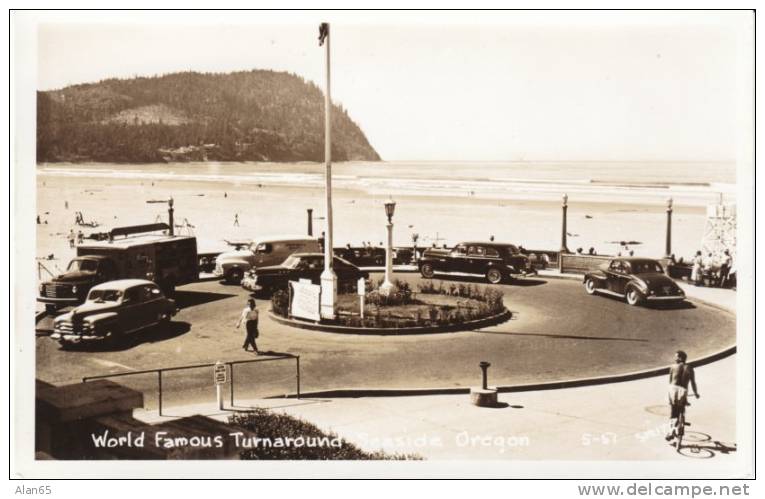 Seaside OR Turnaround At Beach, Autos Bicycle, End Of Lewis And Clark Trail, On C1940s Vintage Real Photo Postcard - Andere & Zonder Classificatie