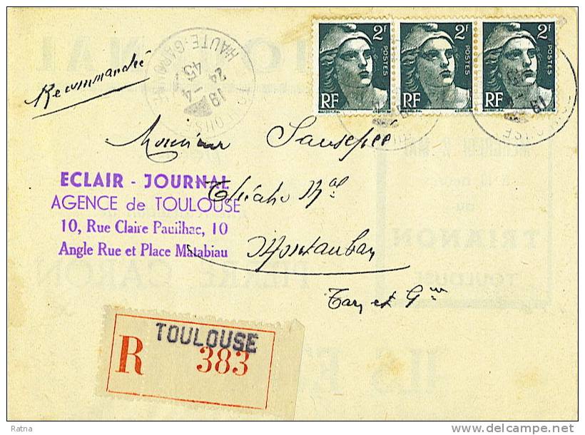 France : Lettre Recommandée 3 X 2F Gandon Toulouse 1945 Marcophilie - Lettres & Documents