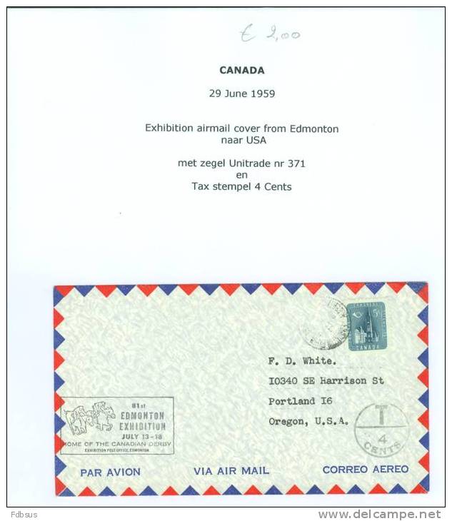 1959 UNITRADE 371 + TAX 4c EXH. LP ENVELOPPE FROM EDMONTON - Cartas & Documentos