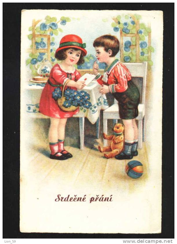 Illustrator ?? RED HAT GIRL  KID'S TEDDY BEAR BALL ENVELOPE FLOWERS Ser 2120-2 KVKV Postcard 14112 - Jeux Et Jouets