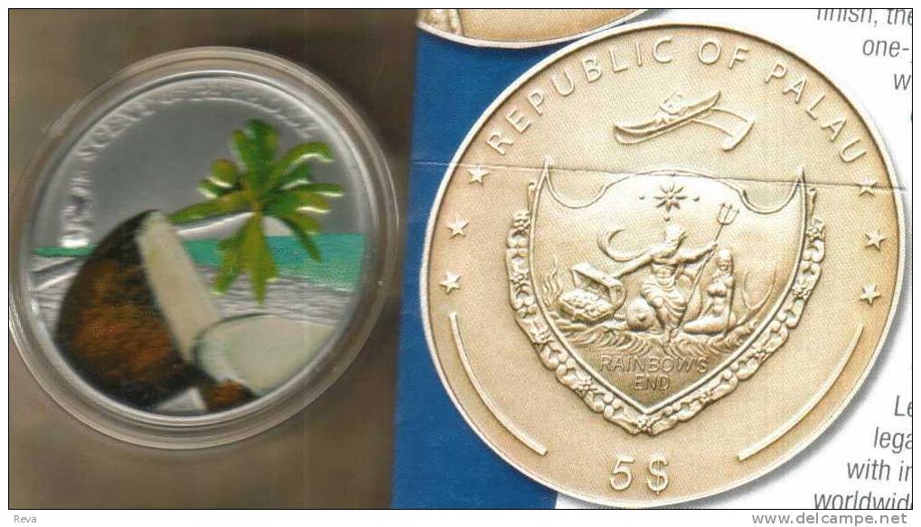 PALAU  $5 PALM WITH COCONUT FRAGRANCE  FRONT COLOURED EMBLEM BACK 2009 SILVER PROOF READ DESCRIPTION CAREFULLY !!! - Palau