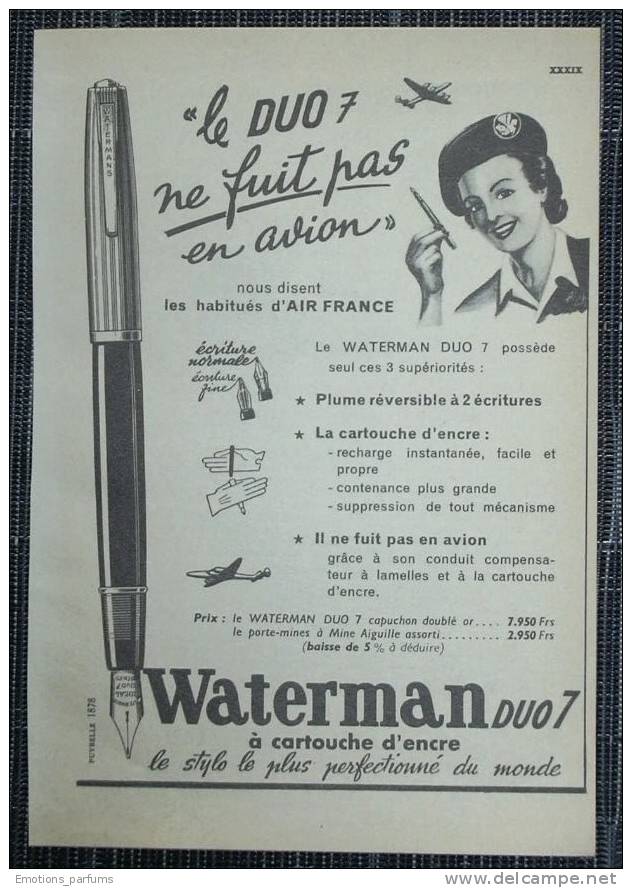Pub Papier 1950 / 60 Machine à Calculer Addition Calcul Facture BURROUGHS Secrétaire Dos Stylo WATERMAN Air France Avion - Advertising