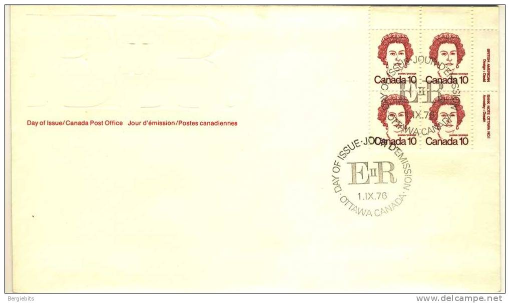 1976 Canada Cachet FDC Plate Block Of 4 " 10 Cent Queen Elizabeth" Official Post Office Issue - 1971-1980