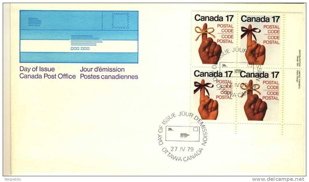 1979 Canada Cachet FDC Plate Block Of 4 " POSTAL CODE " Official Post Office Issue - 1971-1980