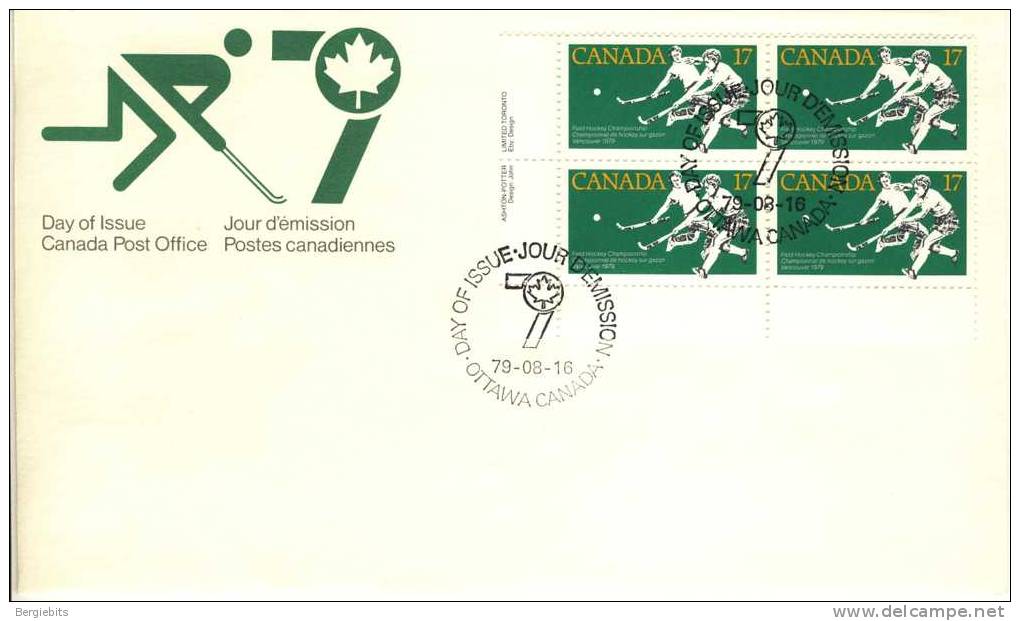 1979 Canada Cachet FDC Plate Block Of 4 " FIELD HOCKEY CHAMPIONSHIPS" Official Post Office Issue - 1971-1980