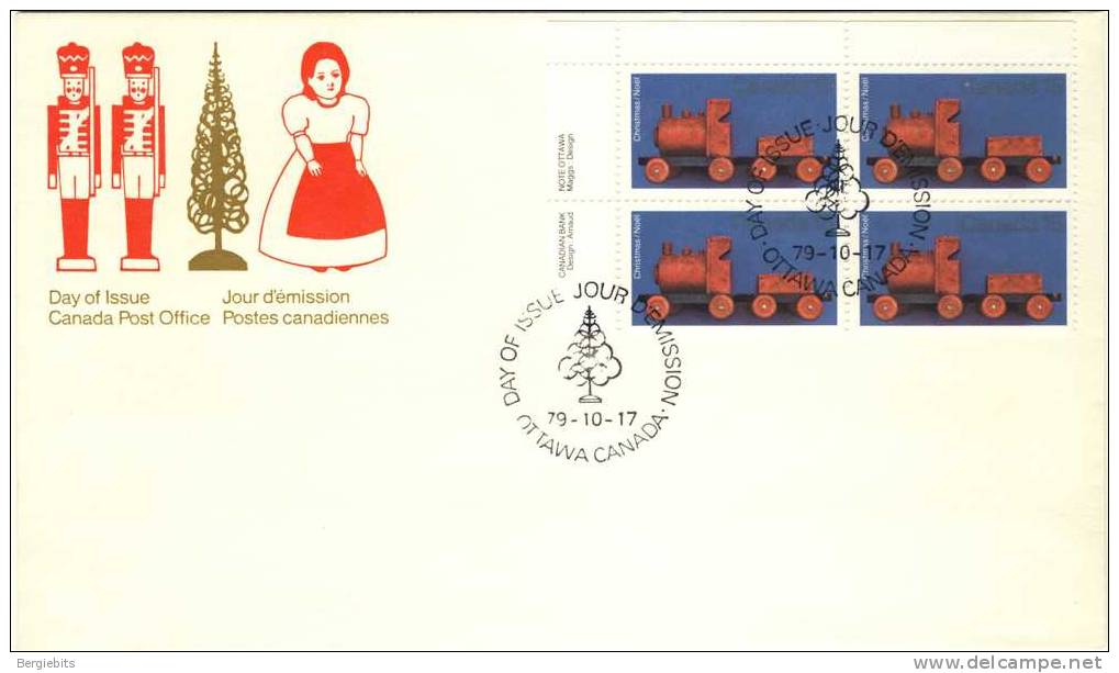 1979 Canada Cachet FDC Plate Block Of 4 " Christmas WOODEN TRAIN " Official Post Office Issue - 1971-1980