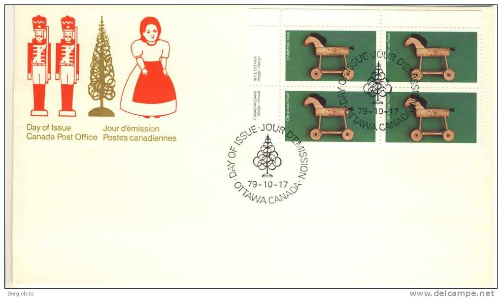 1979 Canada Cachet FDC Plate Block Of 4 " Christmas WOODEN HORSE " Official Post Office Issue - 1971-1980