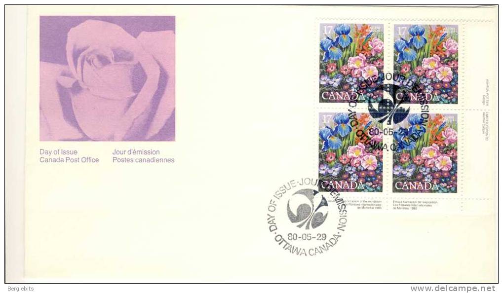 1980 Canada Cachet FDC Plate Block Of 4 " FLOWER GARDEN " Official Post Office Issue - 1971-1980