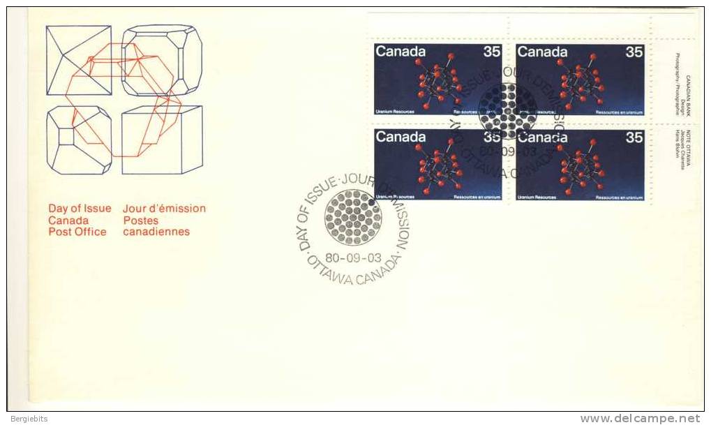 1980 Canada Cachet FDC Plate Block Of 4 " URANIUM Molecular Structure" Official Post Office Issue - 1971-1980