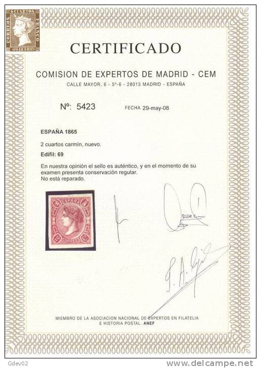 ES069-L2692.España.Spain.Espagne.ISABEL   Ll 1865.(Ed 69*)con Charnela.CERTIFICADO.LUJO - Unused Stamps
