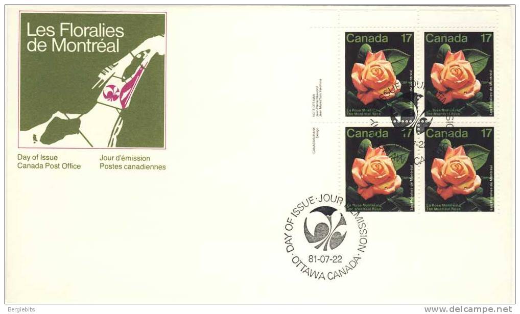 1981 Canada Cachet FDC Plate Block Of 4 " MONTREAL ROSE " Official Post Office Issue - 1981-1990